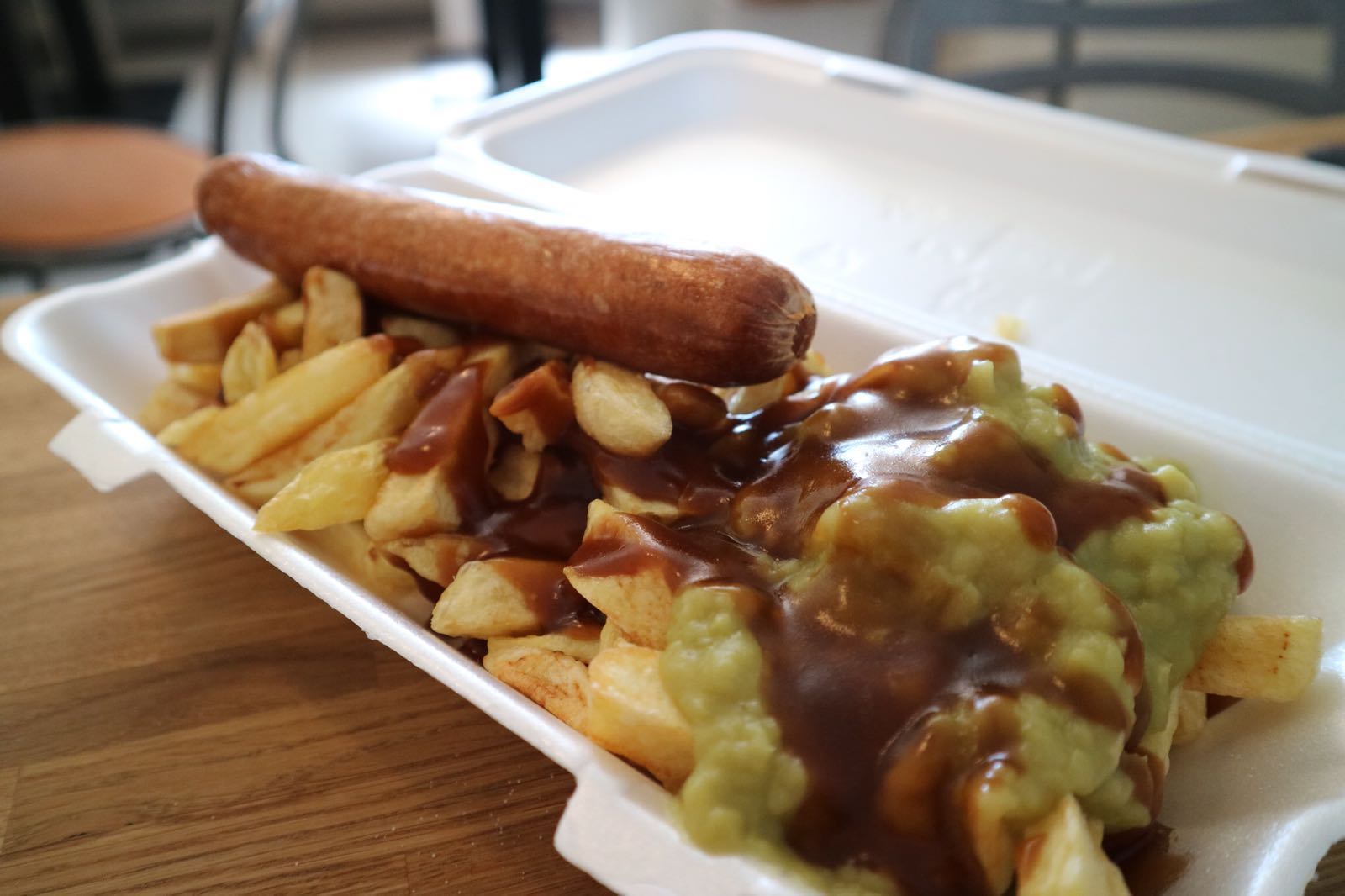 Sausage, chips, peas & gravy